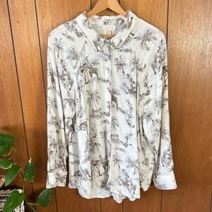 Stitch by Chenault Womens XL‎ Safari Toile Rayon Button Down Shirt Brown Cream